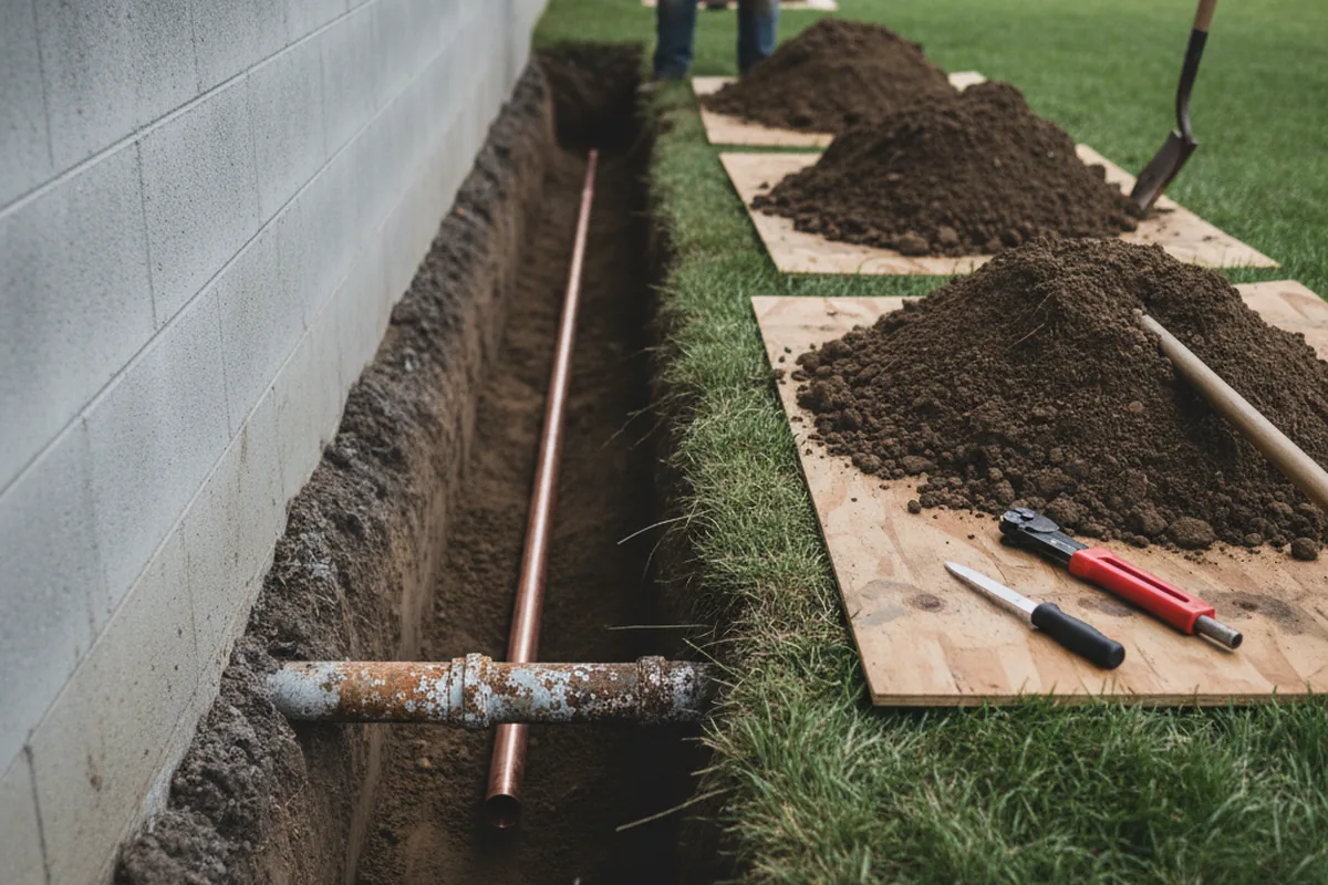 Excavated water line trench during Water Heater Repair in Dumont
